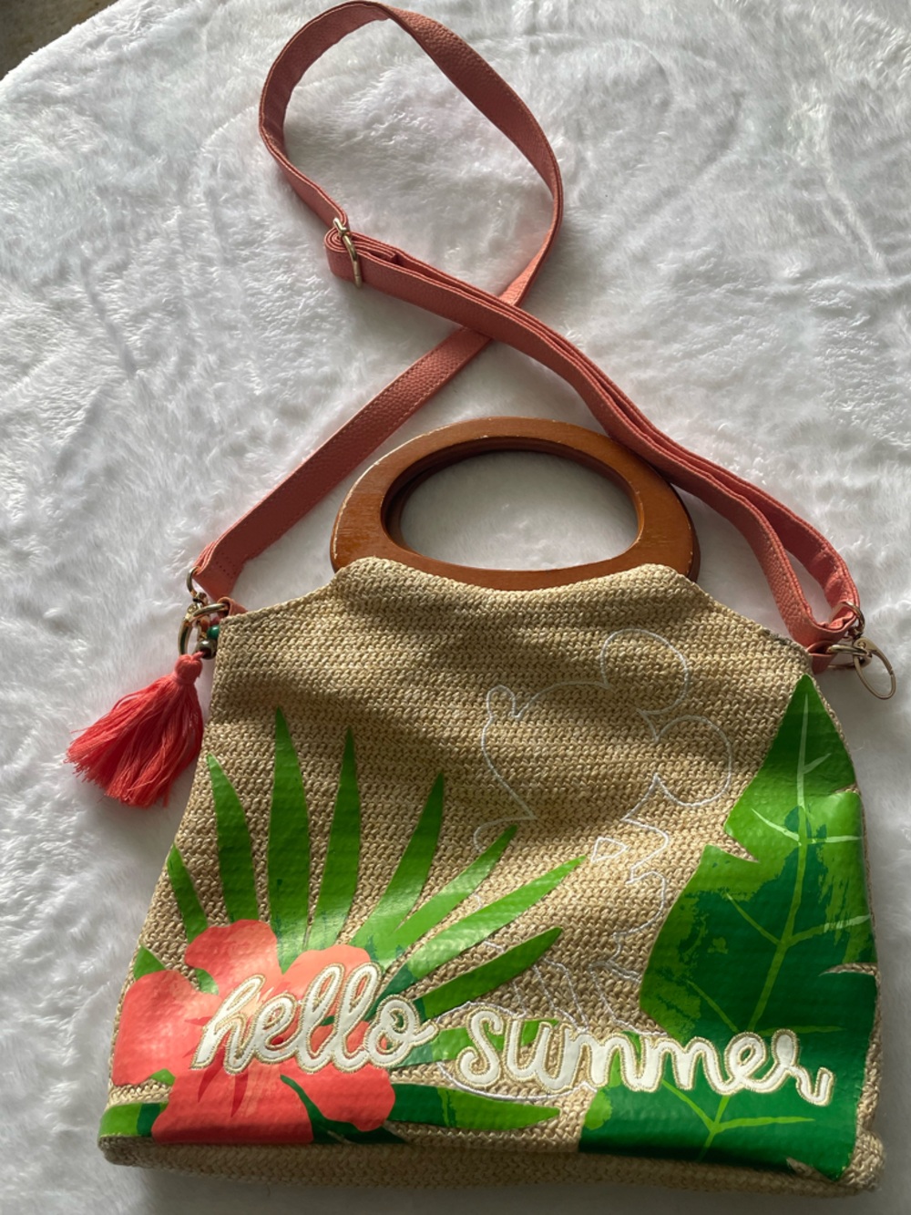 Disney Hello Summer Rafia Tan green peach summer purse adj strap gold accent